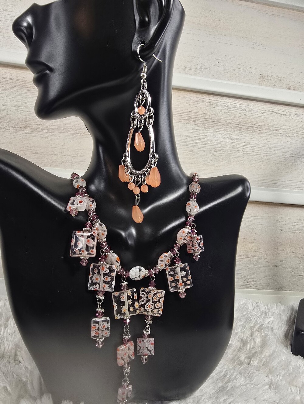 Handcrafted Pink Floral Glass Bead Necklace and Earring Set